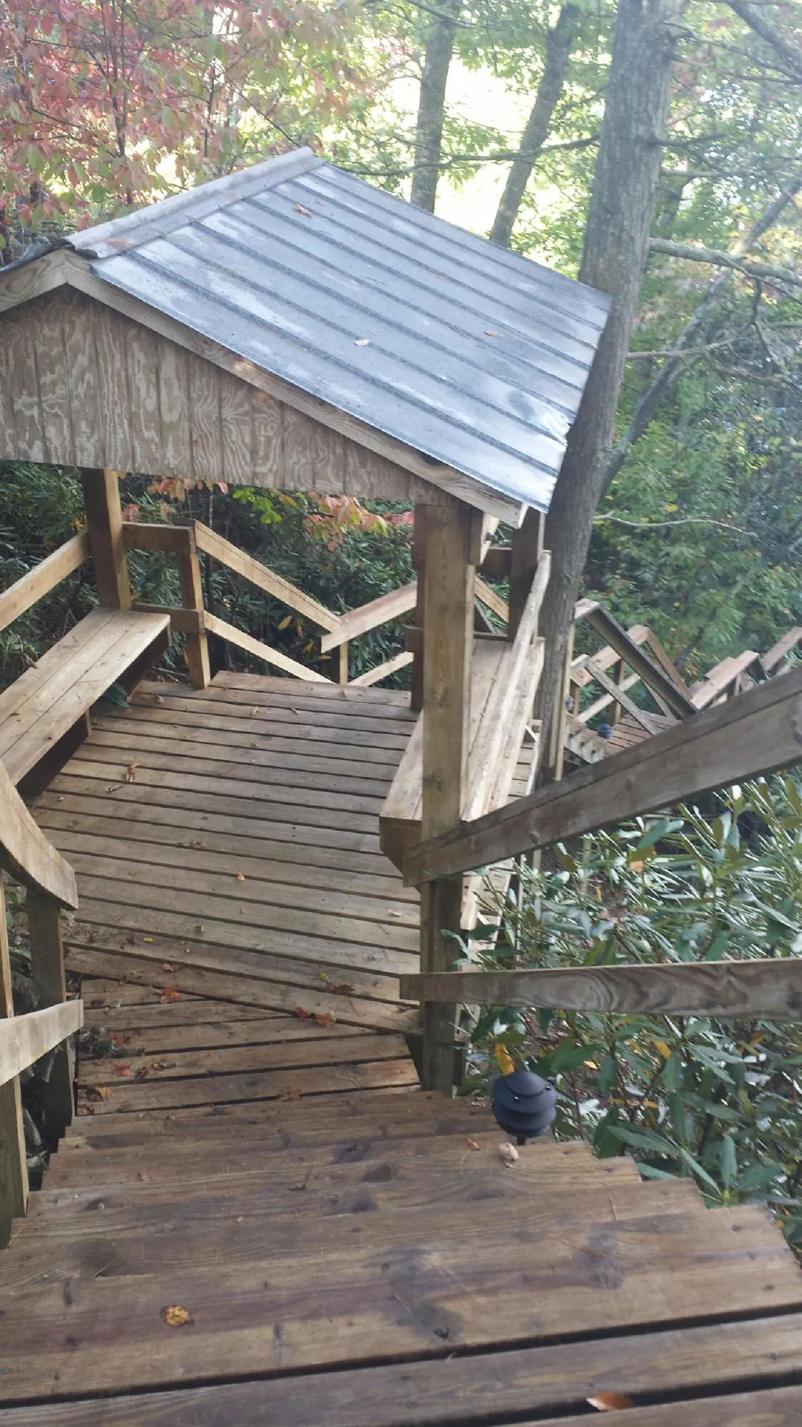 Metal roofed shelter over wooden steps on a wooded walkway — Skylight Repair & Installation work by our crew in Edmonton